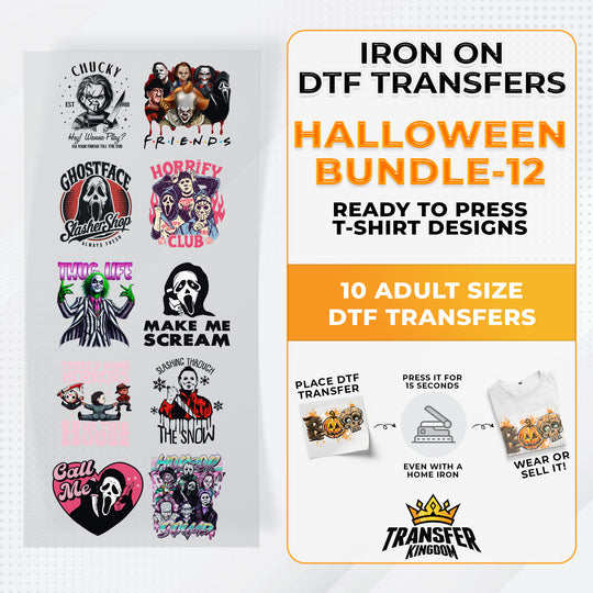 Iron on DTF Transfer Halloween Bundle 12 - 10 Best Seller T-shirt Designs Ready To Press