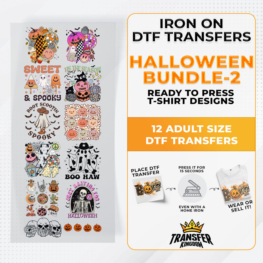 Iron on DTF Transfer Halloween Bundle 2 - 12 Best Seller T-shirt Designs Ready To Press - Transfer Kingdom