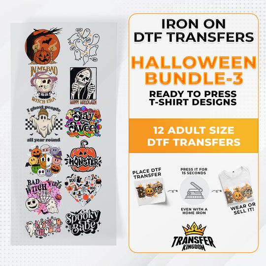 Iron on DTF Transfer Halloween Bundle 3 - 12 Best Seller T-shirt Designs Ready To Press