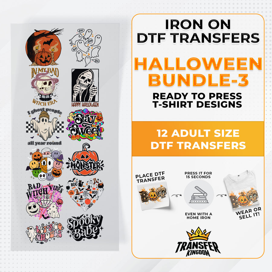 Iron on DTF Transfer Halloween Bundle 3 - 12 Best Seller T-shirt Designs Ready To Press - Transfer Kingdom