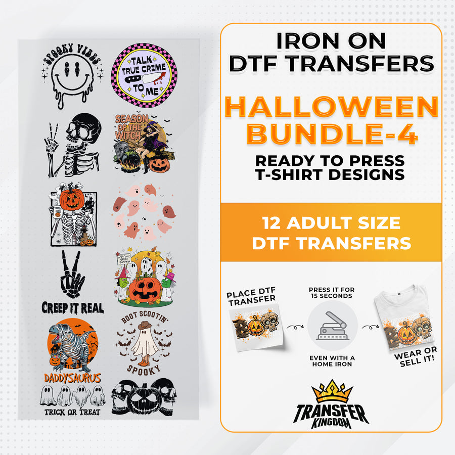 Iron on DTF Transfer Halloween Bundle 4 - 12 Best Seller T-shirt Designs Ready To Press - Transfer Kingdom
