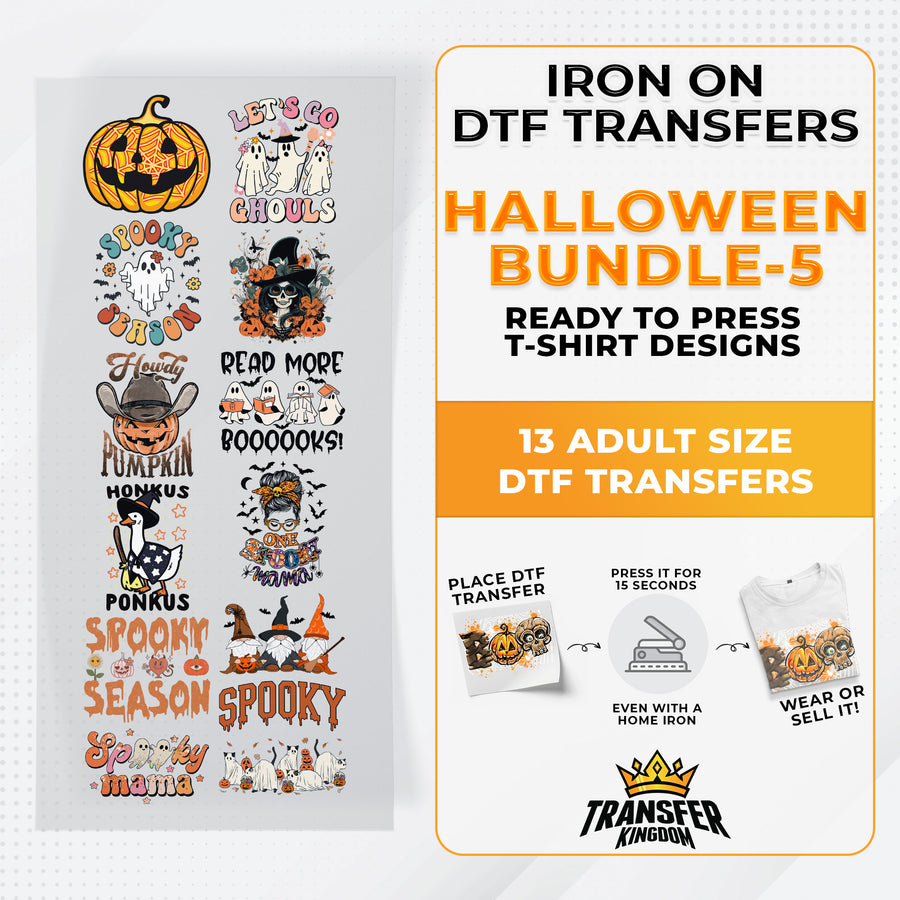 Iron on DTF Transfer Halloween Bundle 5 - 13 Best Seller T-shirt Designs Ready To Press - Transfer Kingdom