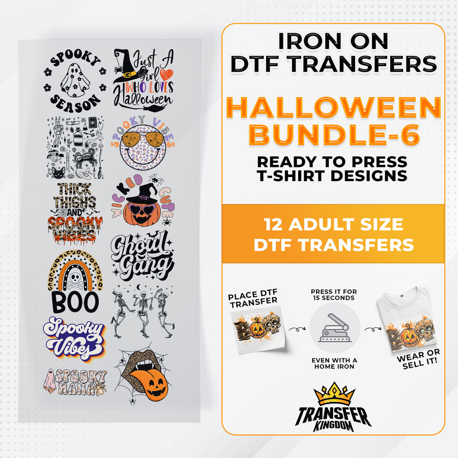 Iron on DTF Transfer Halloween Bundle 6 - 12 Best Seller T-shirt Designs Ready To Press - Transfer Kingdom
