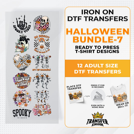 Iron on DTF Transfer Halloween Bundle 7 - 12 Best Seller T-shirt Designs Ready To Press