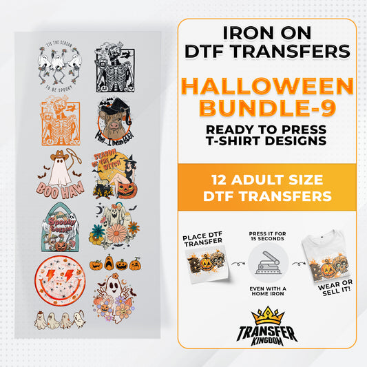Iron on DTF Transfer Halloween Bundle 9 - 12 Best Seller T-shirt Designs Ready To Press - Transfer Kingdom