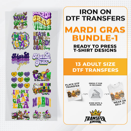 Mardi Gras Bundle Iron on DTF Transfer Bundle 1 - 13 Best Seller Ready To Press T-shirt Designs