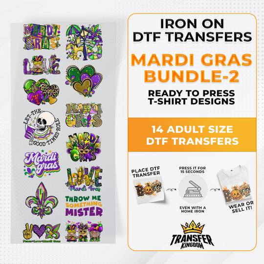 Mardi Gras Bundle Iron on DTF Transfer Bundle 2 - 14 Best Seller Ready To Press T-shirt Designs