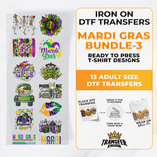 Mardi Gras Bundle Iron on DTF Transfer Bundle 3 - 13 Best Seller Ready To Press T-shirt Designs