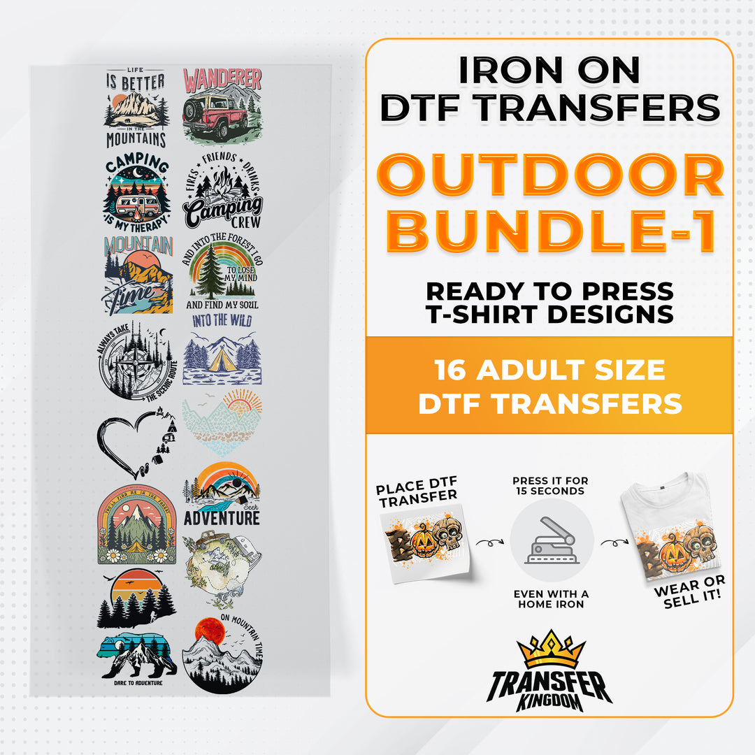 Outdoor Bundle Iron on DTF Transfer Bundle 1 - 16 Best Seller Ready To Press T-shirt Designs - Transfer Kingdom