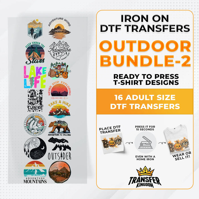 Outdoor Bundle Iron on DTF Transfer Bundle 2 - 16 Best Seller Ready To Press T-shirt Designs
