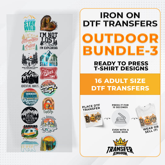 Outdoor Bundle Iron on DTF Transfer Bundle 3 - 16 Best Seller Ready To Press T-shirt Designs