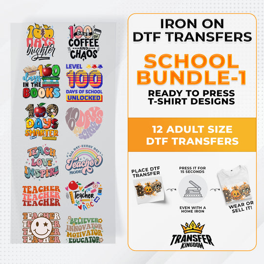 School Bundle Iron on DTF Transfer Bundle 1 - 12 Best Seller Ready To Press T-shirt Designs