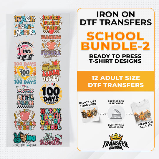 School Bundle Iron on DTF Transfer Bundle 2 - 12 Best Seller Ready To Press T-shirt Designs