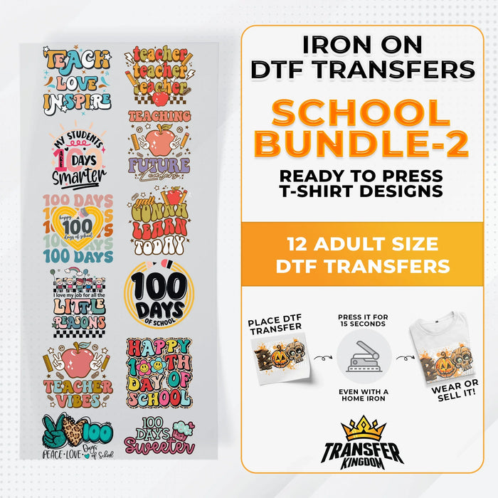 School Bundle Iron on DTF Transfer Bundle 2 - 12 Best Seller Ready To Press T-shirt Designs