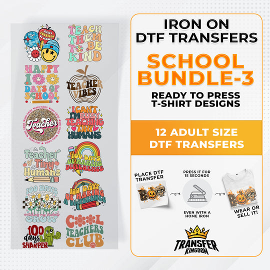 School Bundle Iron on DTF Transfer Bundle 3 - 12 Best Seller Ready To Press T-shirt Designs