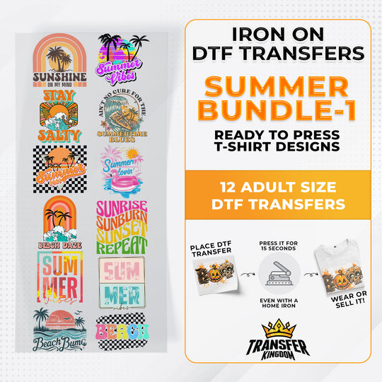 Summer Bundle Iron on DTF Transfer Bundle 1 - 12 Best Seller Ready To Press T-shirt Designs