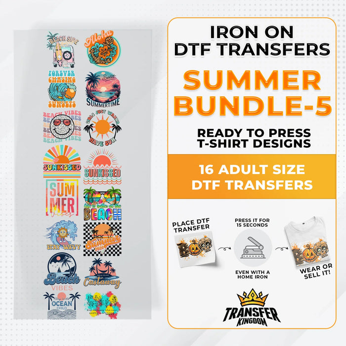 Summer Bundle Iron on DTF Transfer Bundle 5 - 16 Best Seller Ready To Press T-shirt Designs