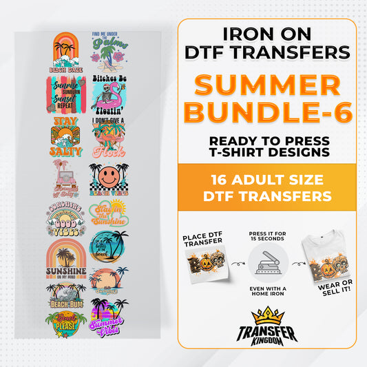 Summer Bundle Iron on DTF Transfer Bundle 6 - 16 Best Seller Ready To Press T-shirt Designs