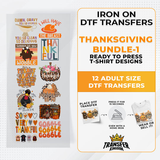 Iron on DTF Transfer Thanksgiving Bundle 1 - 12 Best Seller T-shirt Designs Ready To Press