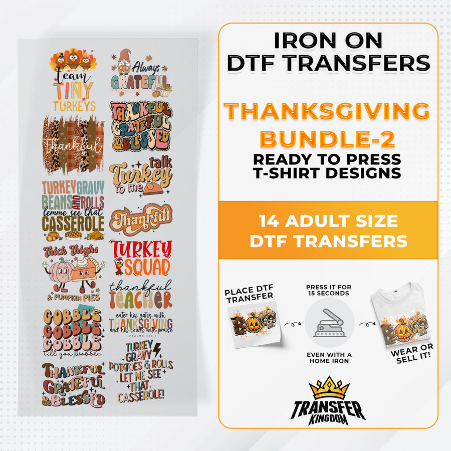 Iron on DTF Transfer Thanksgiving Bundle 2 - 14 Best Seller T-shirt Designs Ready To Press - Transfer Kingdom