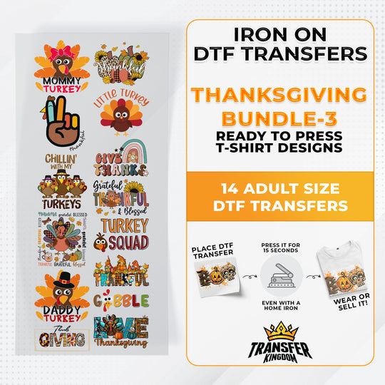 Iron on DTF Transfer Thanksgiving Bundle 3 - 14 Best Seller T-shirt Designs Ready To Press