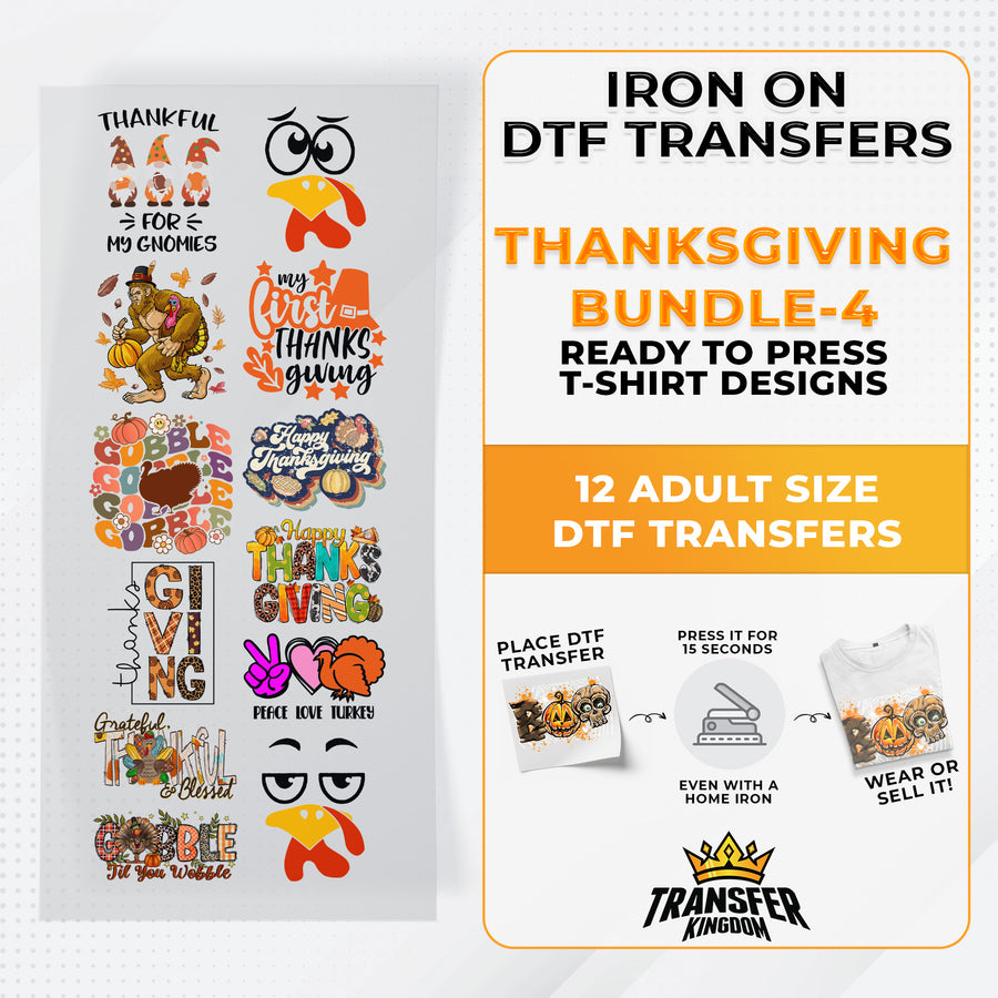 Iron on DTF Transfer Thanksgiving Bundle 4 - 12 Best Seller T-shirt Designs Ready To Press - Transfer Kingdom