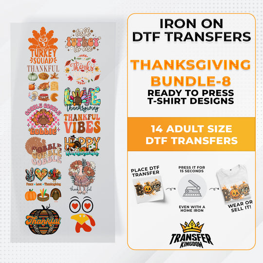 Iron on DTF Transfer Thanksgiving Bundle 8 - 14 Best Seller T-shirt Designs Ready To Press