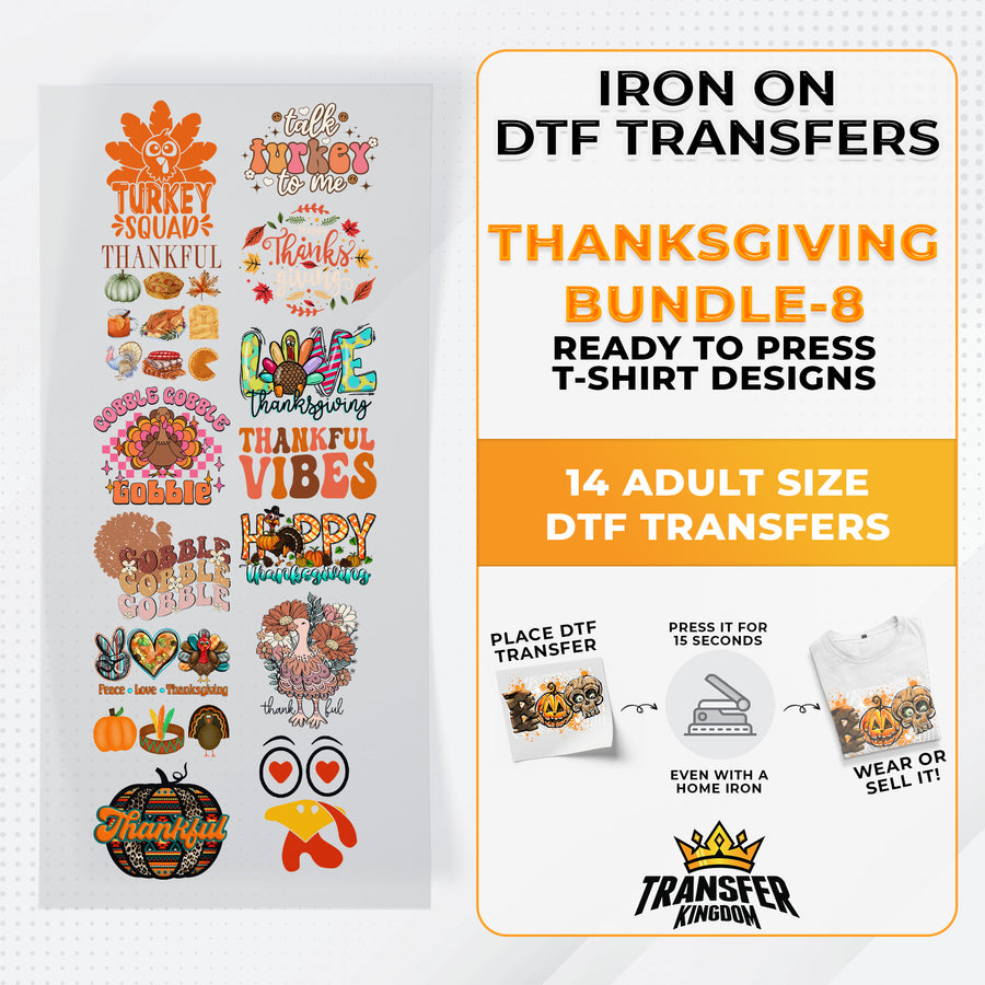 Iron on DTF Transfer Thanksgiving Bundle 8 - 14 Best Seller T-shirt Designs Ready To Press - Transfer Kingdom
