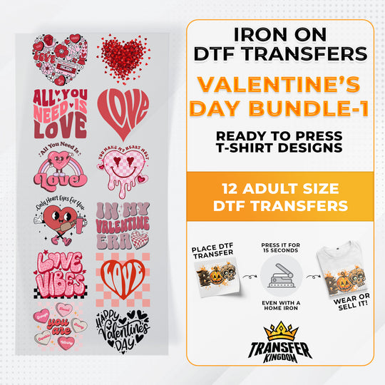 Valentine's Day Bundle Iron on DTF Transfer Bundle 1 - 12 Best Seller Ready To Press T-shirt Designs