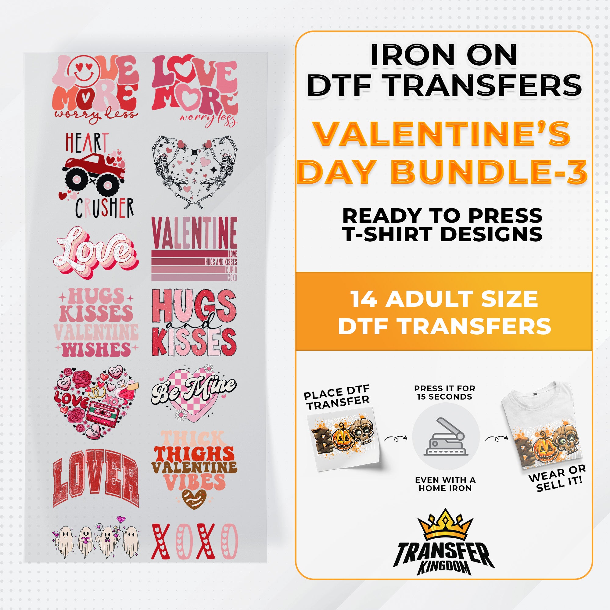 Valentine's Day Bundle Iron on DTF Transfer Bundle 3 - 14 Best Seller Ready To Press T-shirt Designs - Transfer Kingdom