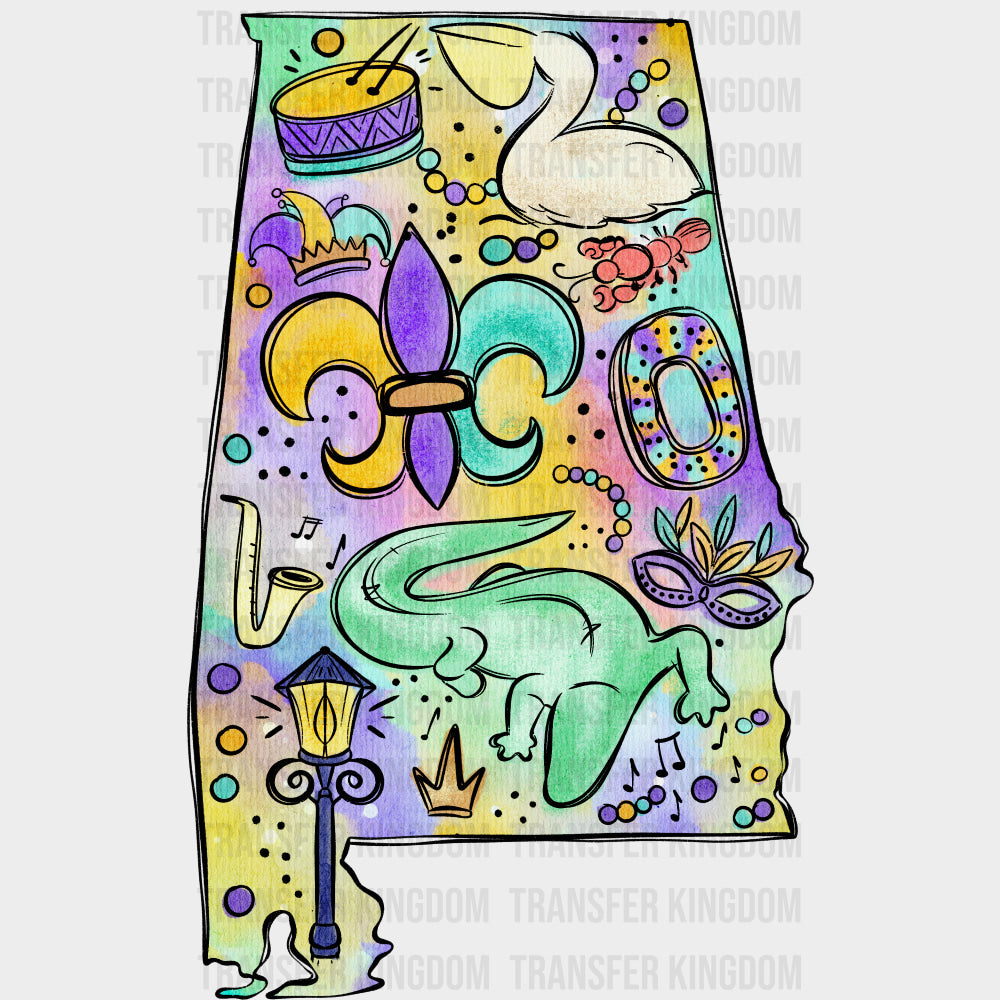Alabama Map - Mardi Gras DTF Transfers