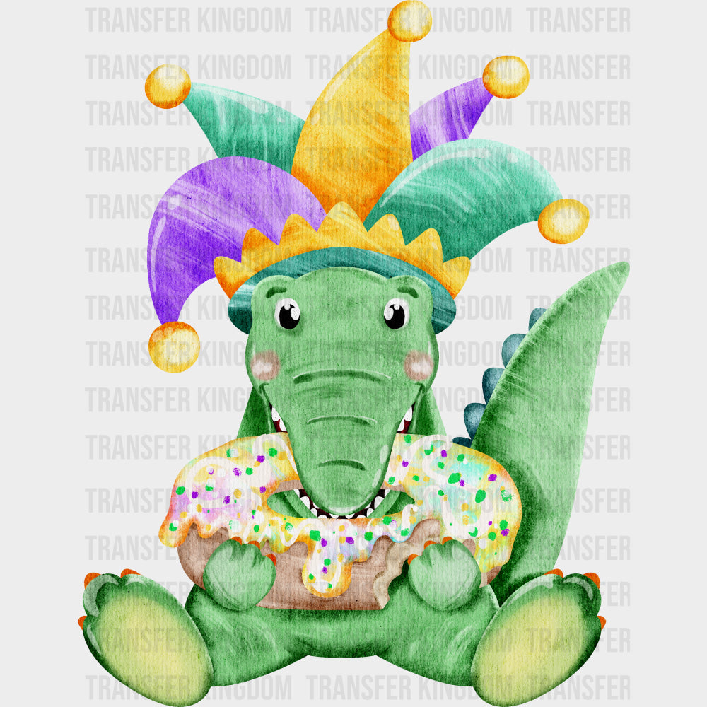 Alligator Eating Donut - Mardi Gras DTF Transfers Adult Unisex - S & M (10’’) / Dark Color Design (See Imaging)