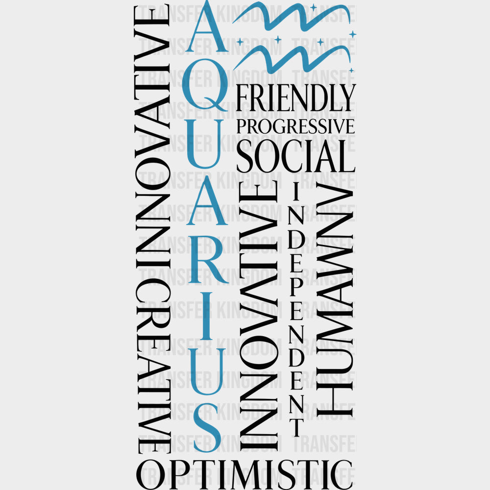 Aquarius Qualities Teal - Zodiacs & Horoscopes DTF Transfers - Adult Unisex - S & M (10’’) / Dark Color Design (See