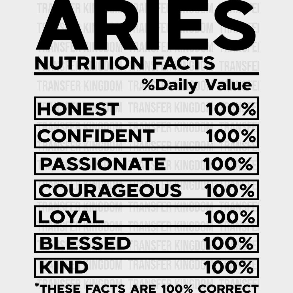 Aries Nutrition Facts - Zodiac & Horoscopes Dtf Heat Transfer Unisex S M (10’’) / Dark Color