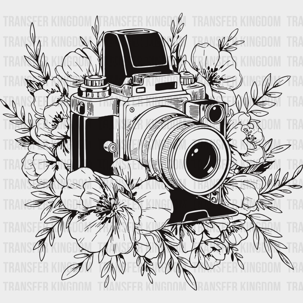 B&W Camera with Flowers - Photography DTF Transfers - Adult Unisex - S & M (10’’) / Dark Color Design (See Imaging)