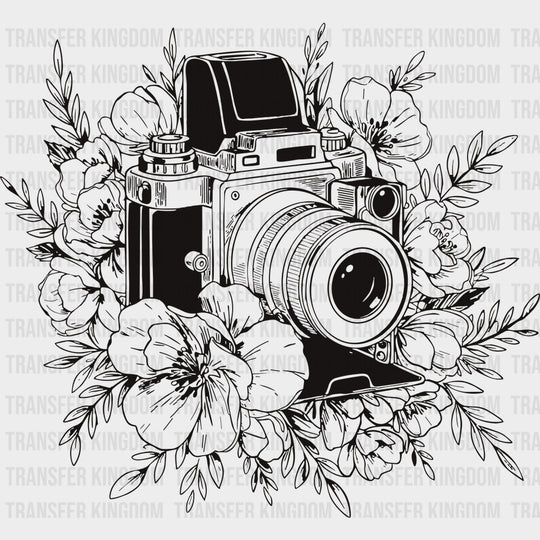 B&W Camera with Flowers - Photography DTF Transfers - Adult Unisex - S & M (10’’) / Dark Color Design (See Imaging)
