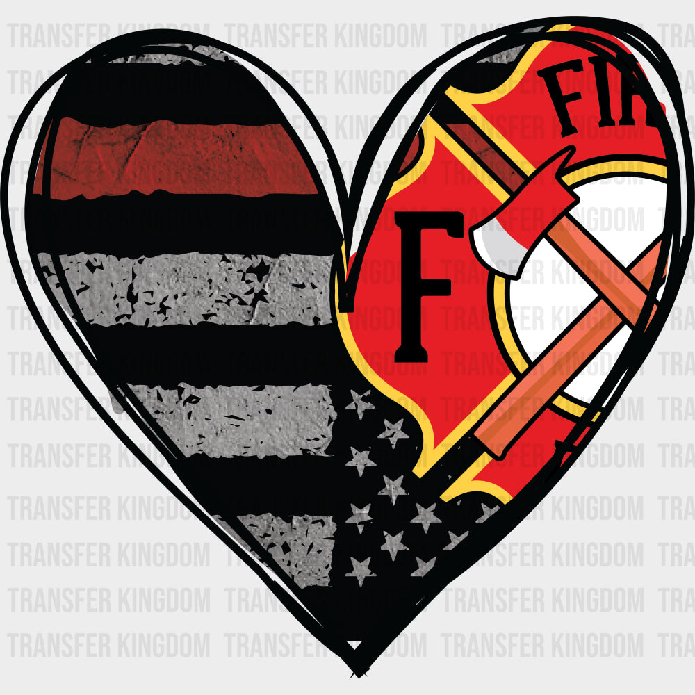 B&W Heart Fire Department - Fire Department DTF Transfers Adult Unisex - S & M (10’’) / Dark Color Design (See Imaging)