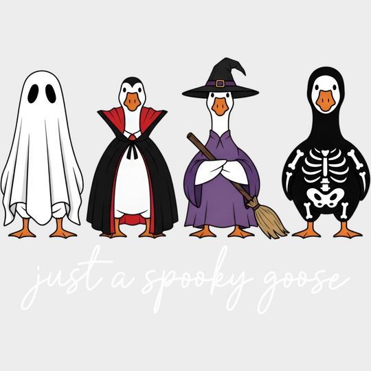 B&W Just A Spooky Goose Halloween DTF Transfer Adult Unisex S & M (10’’) / Light Color Design (See Imaging)