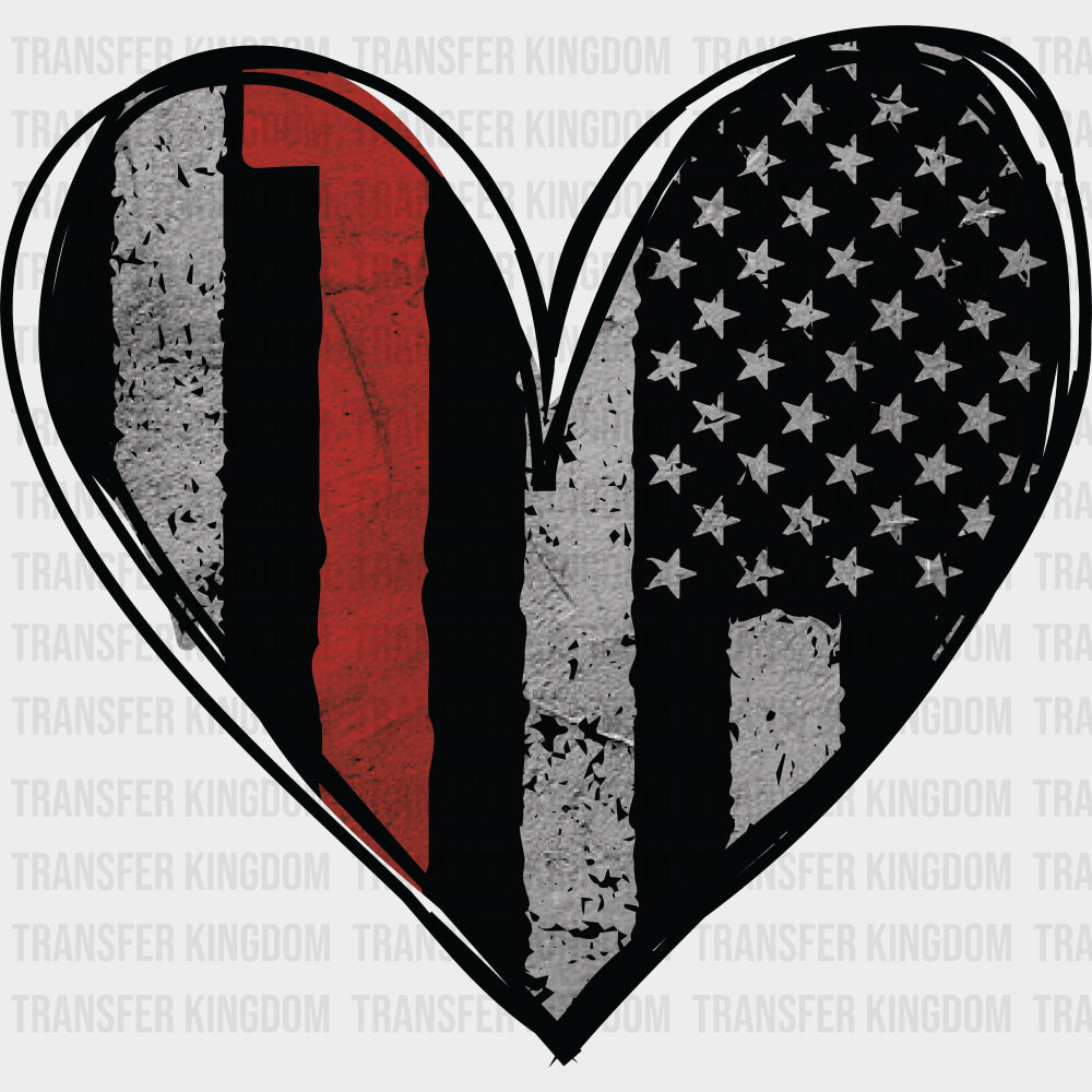 B&W USA Flag Heart - Fire Department DTF Transfers Adult Unisex - S & M (10’’) / Dark Color Design (See Imaging)