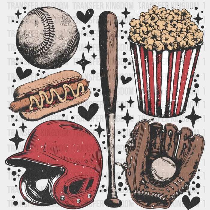 Baseball, Popcorn, Bat - Baseball DTF Transfer