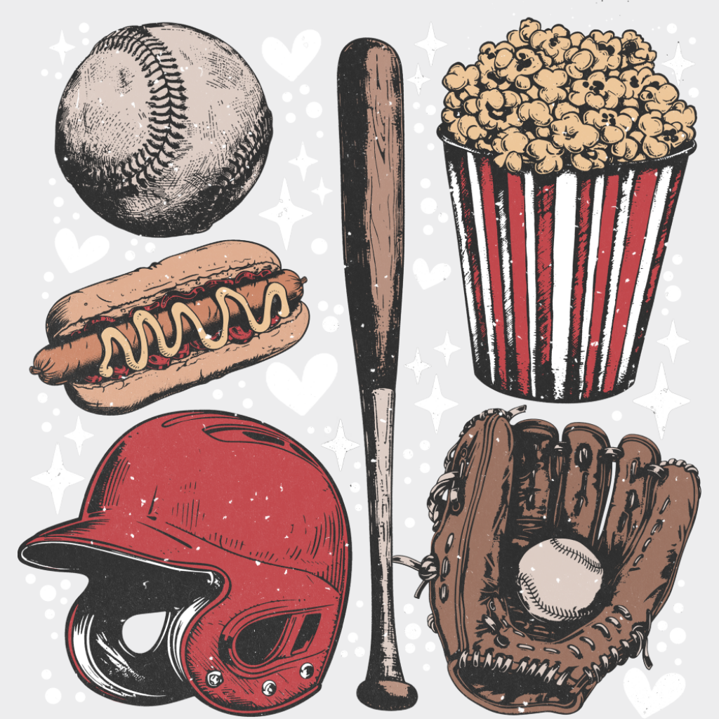 Baseball Popcorn Bat - Baseball DTF Transfer Adult Unisex - S & M (10’’) / Light Color Design (See Imaging)