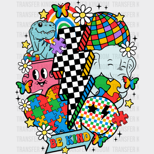 Be Kind Checkered Lightning Bolt Design - Autism Awareness DTF Transfer