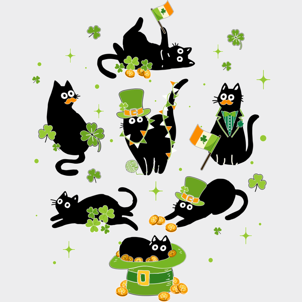Black Cats Clovers - St. Patrick’s Day DTF Transfer Adult Unisex - S & M (10’’) / Light Color Design (See Imaging)