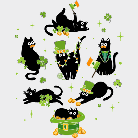 Black Cats Clovers - St. Patrick’s Day DTF Transfer Adult Unisex - S & M (10’’) / Light Color Design (See Imaging)