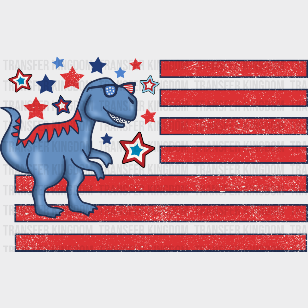 Blue Dinosaur US Flag Red Design - 4th Of July DTF Transfer