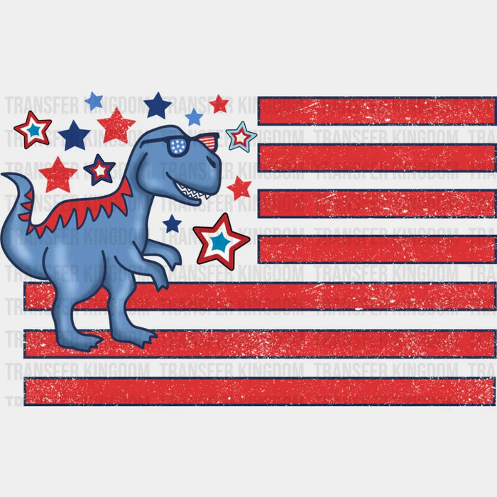 Blue Dinosaur US Flag Red Design - 4th Of July DTF Transfer