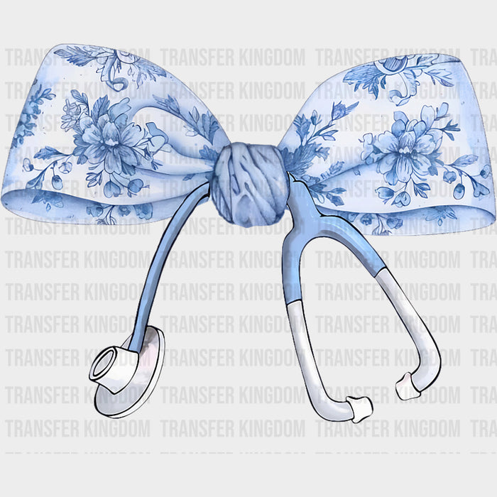 Blue Flower Pattern Ribbon & Stethoscope - Registered Nurse DTF Transfers
