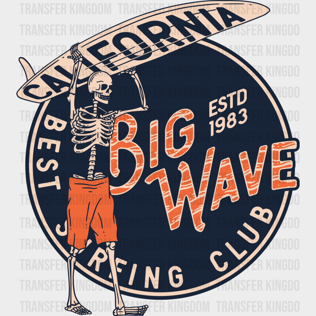 California Big Wave Skeleton Design - Surfing Dtf Heat Transfer