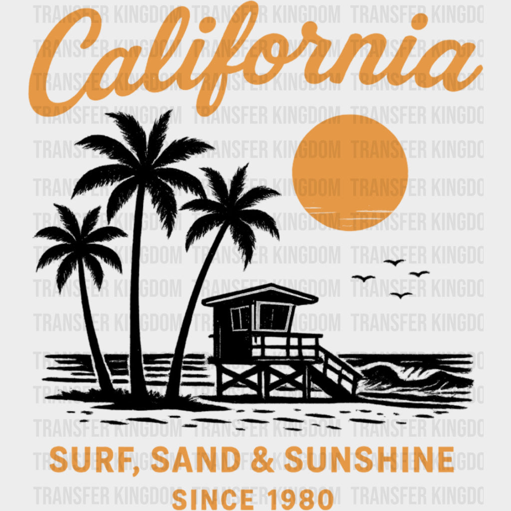 California, Surf Sand & Sunshine - Surfing DTF Transfers transfer-kingdom Dark Color Design (See Imaging)