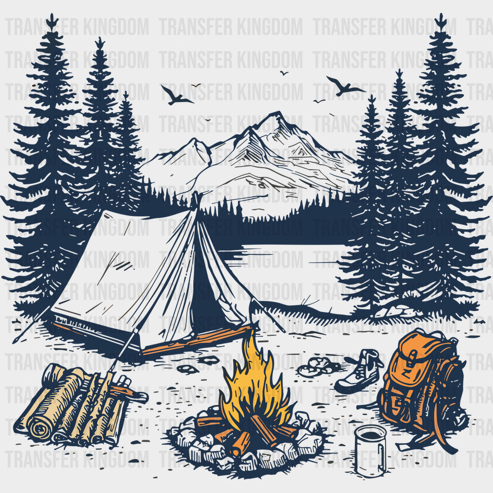 Camping Illustration - Camping DTF Transfers - Adult Unisex - S & M (10’’) / Dark Color Design (See Imaging)